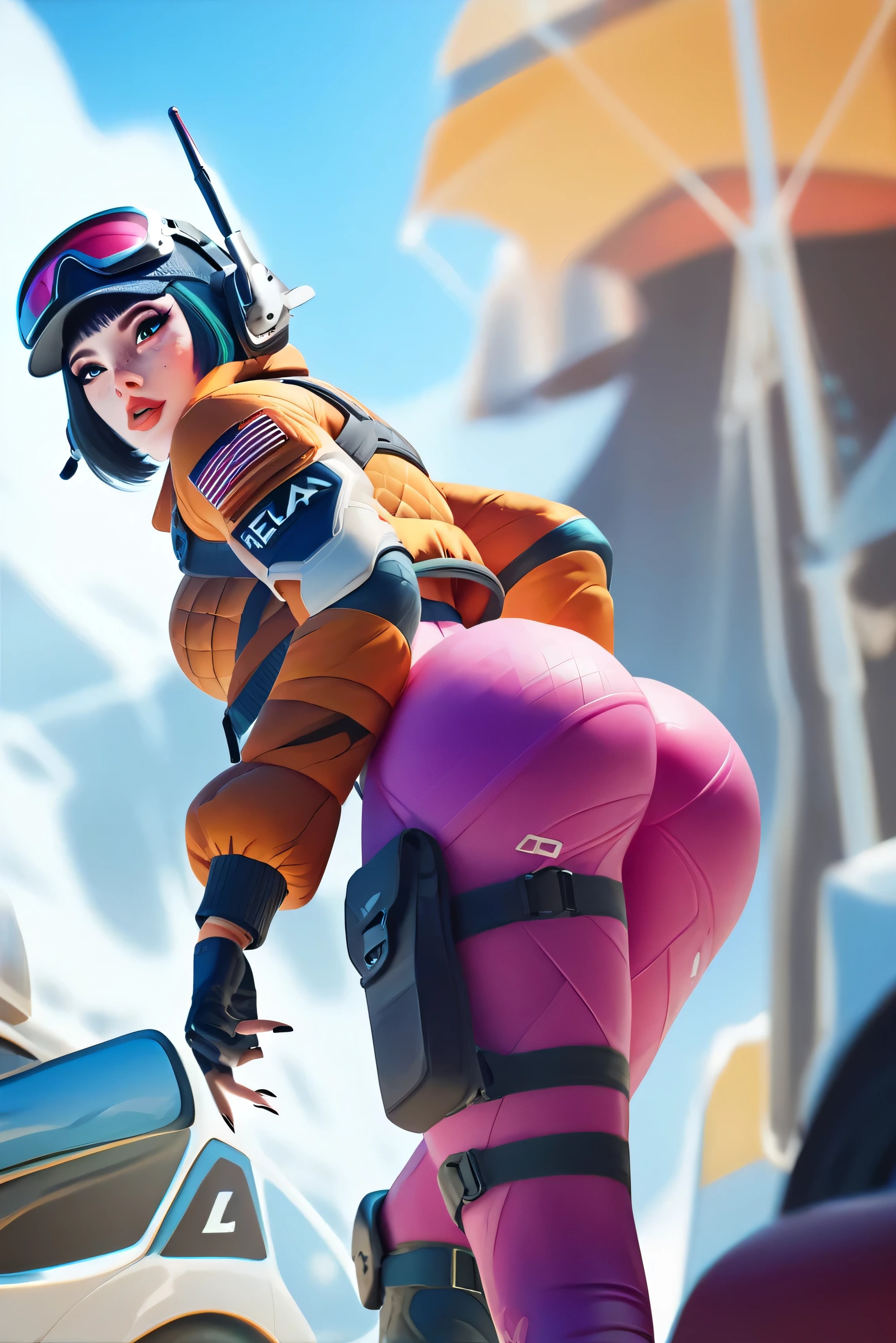 score_9, score_8_up, score_7_up, score_6_up, low angle, score_9. score_8_up, score_7_up, score_6_up, score_5_up, score_4_up, Ela, ela elite \(Rainbow Six Siege\),ela, ela \(Rainbow Six Siege\ HD, perfect masterpiece,score_9, score_8_up, score_7_up, score_6_up, score_5_up, score_4_up, score_8_up, score_7_up, Freckles, fFaceDetail, beautiful face, high detailed face, curvy body, jewelry, necklace, make up, bimbo lips, perfect eyeliner, black nails, black lips, fingernails, fingerless gloves, eyeshadow, lips, jacket top only, string bikini, tight pink pants,1girl, blue eyes, curvy waist, skinny, butt, big , bent over, big butt, exposed , horny, ass, jn0, space suit,