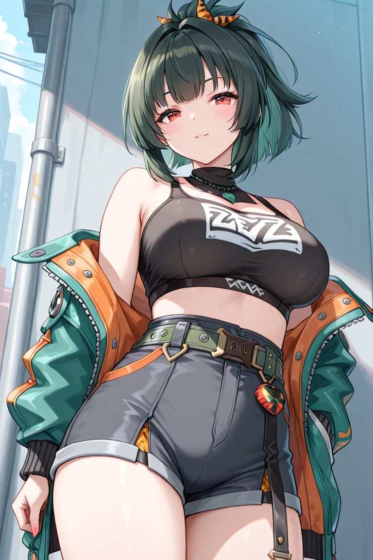 (anime artwork, Anime Style, Studio Anime, Very detailed, Latest, Vibrant, Anime Coloring, High Contrast, masterpiece:1.2, highest quality, Best aesthetics), Cowboy Bebop_Artistic, Faye Valentine, 23 year old woman, (Purple Hair, short hair, Green Eyes), (Yellow headband, Yellow sleeveless shirt, Cropped tops:1.2), (Red jacket:1.2), Expose your shoulders:1.4, (Yellow hot pants:1.4), (White boots), (Dynamic Angle), Simple Background, Plain background.