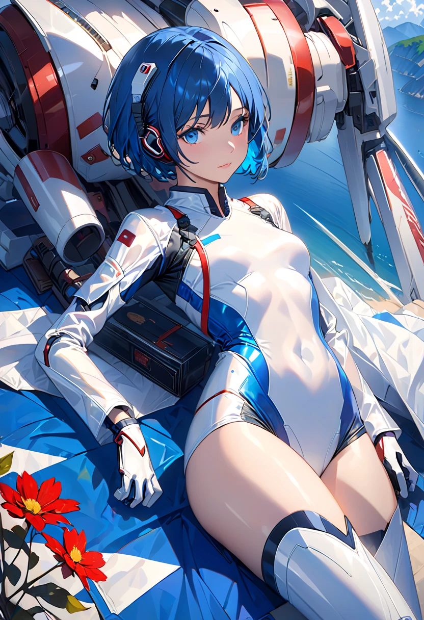 ((master piece))、top quality、An illustration、Beautiful eyes with attention to detail、Beautiful hair with attention to detail、Floating hair、one girl、Ayanami、short hair、s armor、deadpan、skinny、swimsuit、Ocean、Mecha、City、smile、
