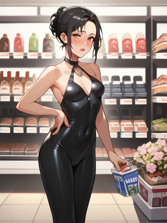 Elvira, masterpiece quality, detailed, realistic, (realistic:1.3), black hair, beehive haircut, wearing black dress, in a candy store, lots of candy in background, lots of sweets in background, small breasts, (small breasts:1.5), thin body, lots of cleavage,