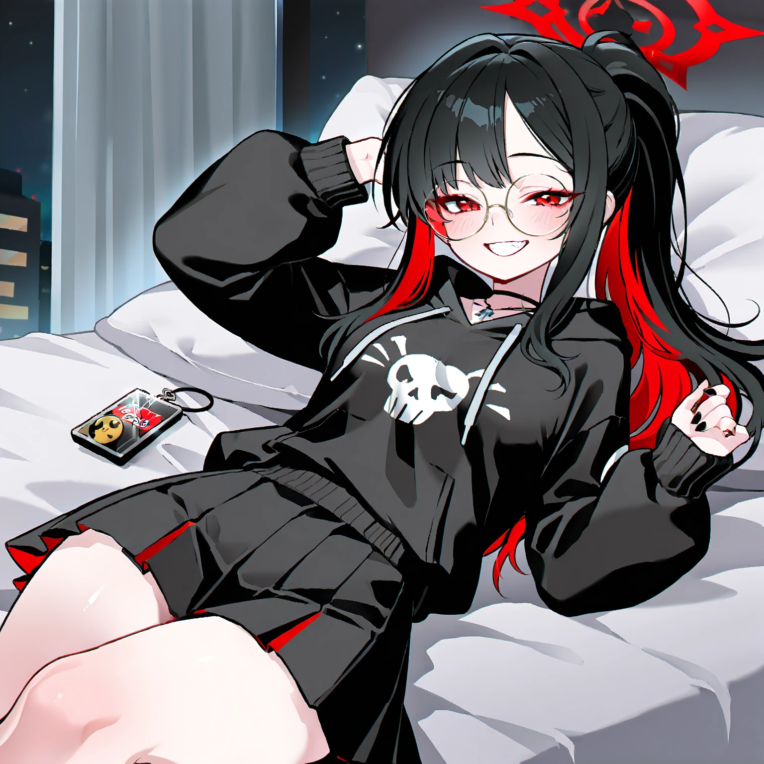 Jk. 1girl. Black glasses, long black twintail hair, long bangs, black oversized sweater, black fishnets on legs, black knee-high boots. big breasts, medium thighs. Crimson red horns on head. Succubus tail. constricted pupils.