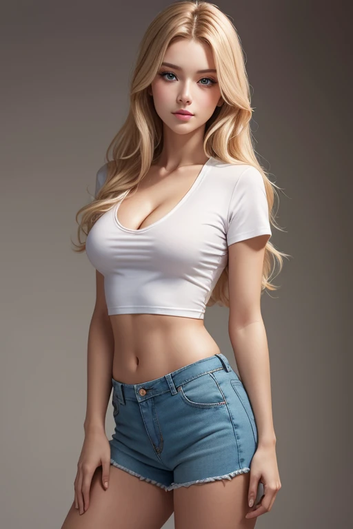 attractive woman with long blond hair Fair-white skin, wearing a tight, cropped, sleeveless tank top, tight jeans, slightly torn shorts, beautiful breast ,elegance pose, lighting soft , elegant pose ,medium body shot ,muted background