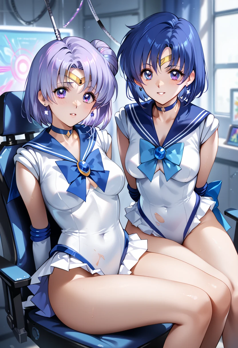 (((Sailor Mercury))), Bluish short hair, blue elbow pads White long gloves, (Sailor Warriors Sailor Warriorsのコスチューム:1.47), (The leotard is white:1.7), Blue collar, Sailor suit chest ribbon, The costume is tight against the skin, middle School girls, (blush), ((Slender figure Beautiful Skin)), Highest quality, High resolution, masterpiece, (Beautiful vagina and clitoris), (With a 30-year-old black mafia man, penis:1.4), Complete limbs, (Mating press:1.2), 1 Beautiful Girl, ((((penis enters vagina)))), (Beautiful crotch), Spread your legs, ((Binding, Restrained by rope:1.4)), Sailor Warriors fuck a guy fully clothed, (((Such a cute little face)))