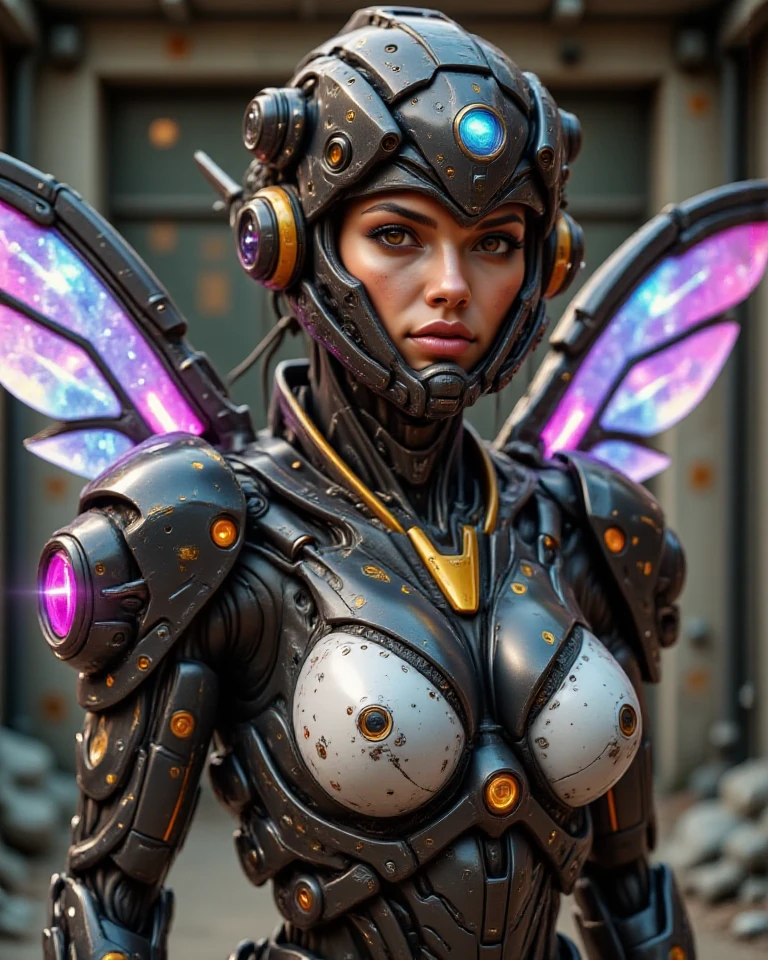 ((best quality: 1.5)) ((masterpiece: 0.8)), intricate details, sharp focus, professional, photorealistic, real life, realistic representation of the face, ((((solo, 1girl) athletic assassin, (albino, albino, upset expression, metallic lipstick, (mechanical arm, cyborg, [flat chest:medium breasts:0.3], underboob))))) bright glow, dynamic pose, gorgeous perfect face, in the style of realistic and hyper detailed renderings, dark room, dark background, black background, solo, BREAK; BREAK ((((smirking, dark wavy hair, blackout gothic eyeshadow, black lips)))), (freckles: 0.7), ((body tattoo: 0.3)), ((fujicolor)), BREAK; BREAK ((((futuristic (seafoam gold lacquered armor:1.8, ((iridescent mech wings))), (underboob)), photorealistic, hyper-realistic)))