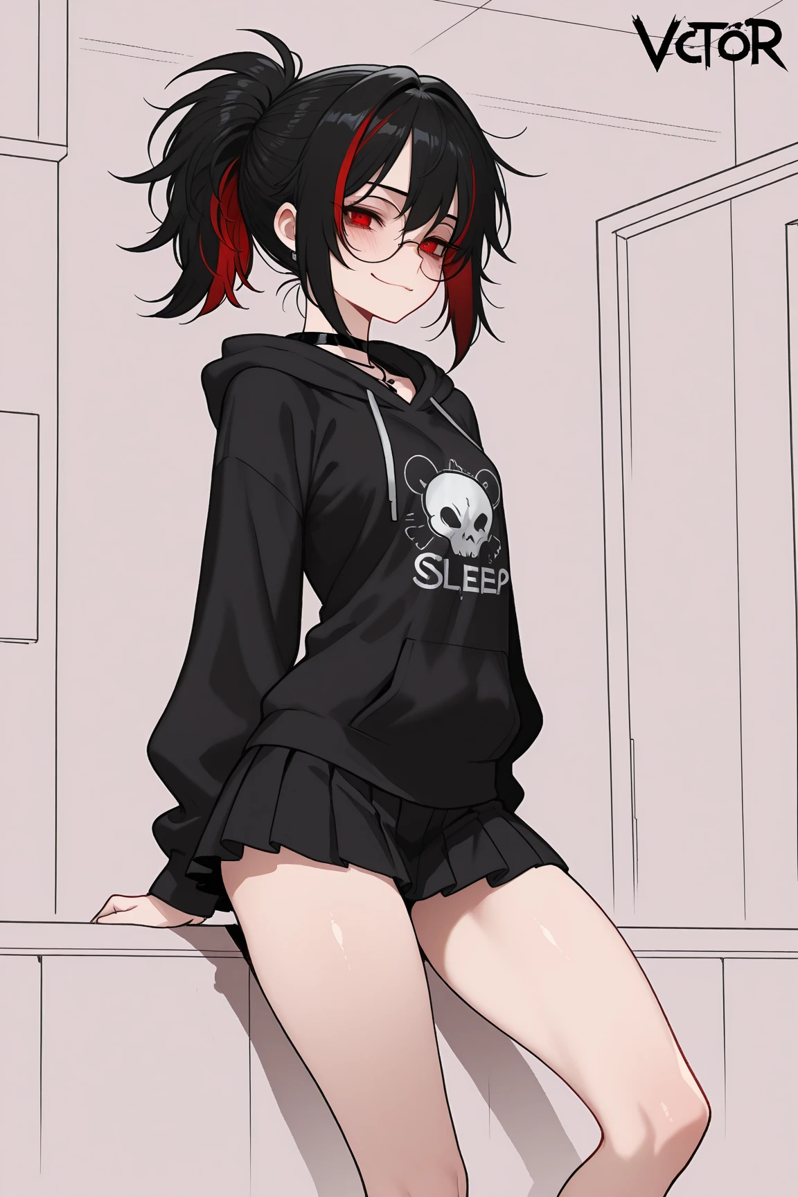(high quality, detailed 4k, ultra-detailed), (vivid colors, sharp focus, professional, studio lighting), (portrait, fashion photography), (dark and moody color palette), (subtle backlighting, dramatic shadows), girl with black fishnets and a black hoodie. She is wearing a miniskirt and red thongs, with red ribbons tied in her short curly black hair. Her eyes are strikingly red, complementing her overall appearance. She has a slim figure, very small flat boobs, and very thin thighs. The focus is on her ass, emphasizing her curves. The composition captures her from behind while kneeling, showcasing her confident and alluring posture.
