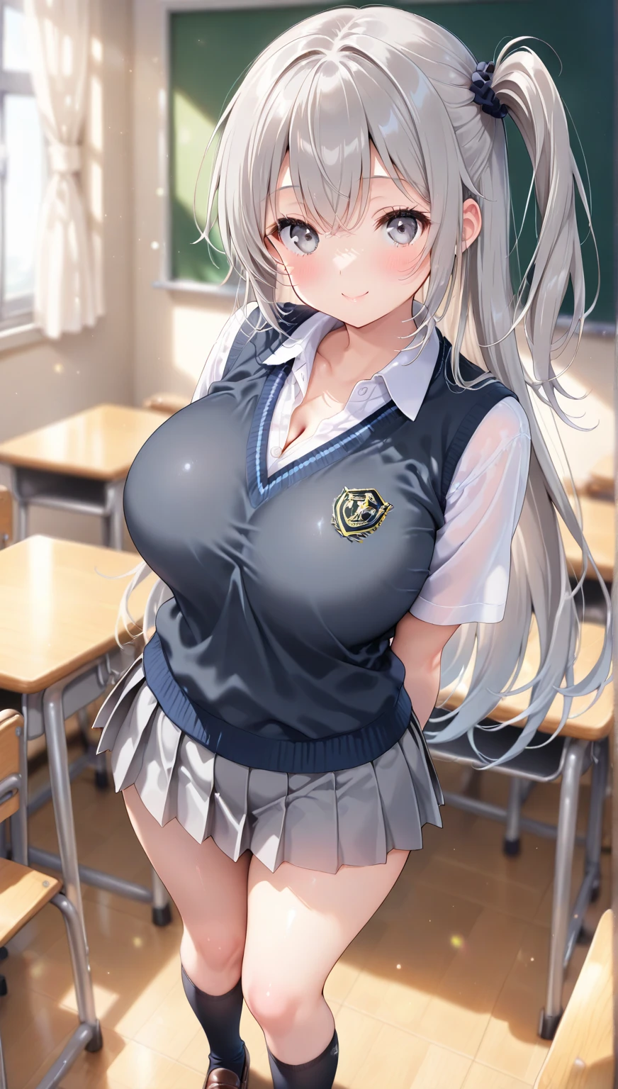 Highest quality、High resolution、Detailed Background、(Beautiful face in every detail:1.4)、Anatomically correct、(Normal number of fingers:1.2)、(Highly detailed face)、(Detailed eyes)、Teenage beauty、(Huge breasts:1.3)、Perfect body line、Light color hair、ponytail、Braided bob cut、cute hairstyle、well-groomed eyebrows、
Attractive upper arms、Excited、Crying face、Blushing、Accentuate your armpits、Show your shoulders and arms、Chest with tearing clothes、Accentuate your cleavage、
(Woman posing with exposed armpits and looking at camera with embarrassed expression:1.5)、
Sitting at a desk in a school classroom、JK Uniform、White sleeveless blouse、Navy blue pleated mini skirt、White Pantyhose、cute
