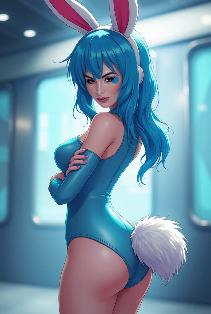 Felicia, blue hair, green eyes, cute smile, happy, big breats, big ass, in a train with a cat theme, sitting in a table drinking coffe.