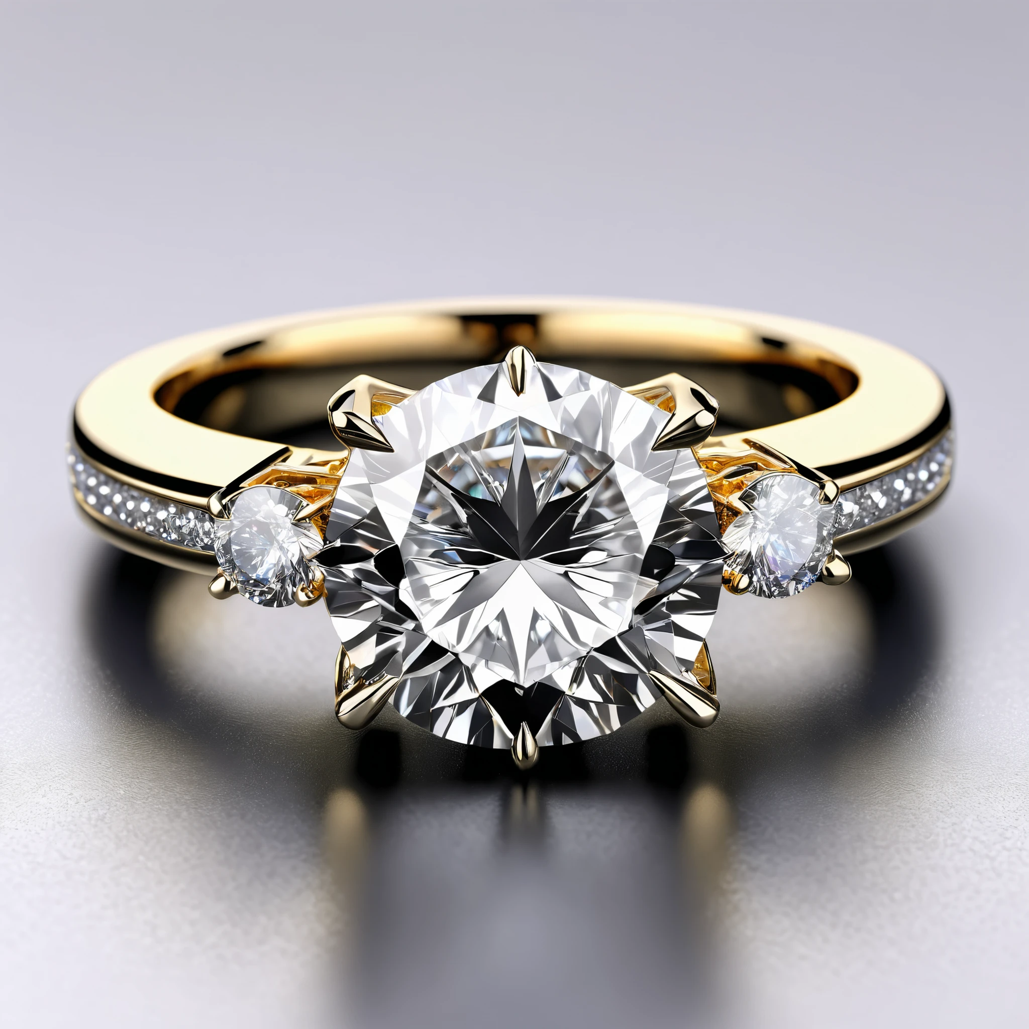 Engagement ring, ultra-realistic, photo-realistic, ultra-detailed, insane 3D Rendering, 8K Octane
Macro photography view of an engagement ring, with a 13 catat diamond 💎. One large diamond is shaped with extreme precision.The gold band has a swirl design that leads to the platform claw that grips the solitary diamond, which is the solitary star of the show Luxurious, detailed, the kind of ring that lets people know that a man loves this woman. The ring is inside of a luxurious box with black felt inside. A light above the open box hits the diamond showing the insane shine and blinding reflective sparkle and twinkle that looks like burning stars inside of the inner space of the multifaceted diamond, that is truly a work of art.