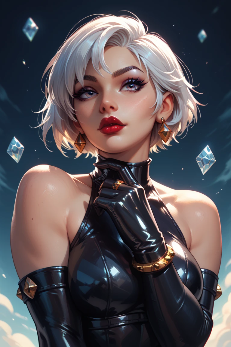 elegant, read description, Expressiveh, g0thicPXL, glowing, neon, score_9, score_8_up, score_7_up, insanely detailed, solo, young, young woman, petite body, small body, pale skin, goth, black lipstick, (white hair:1.5), (short hair:2.0), shaved sides, purple eyes, choker, ornate gothic jewelry, elegant black dress, armband, medium breasts, from side