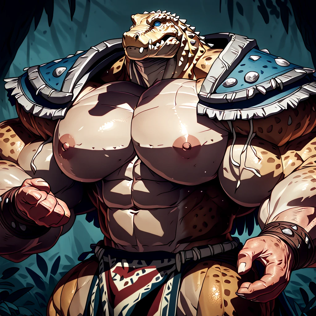 nj5furry, sweat drops,crusch lulu, zenberu gugu, scalie, reptile, scar, anthro, crocodilian, male, solo, scales, hi res, crocodylid, lizard, facial scar, muscular