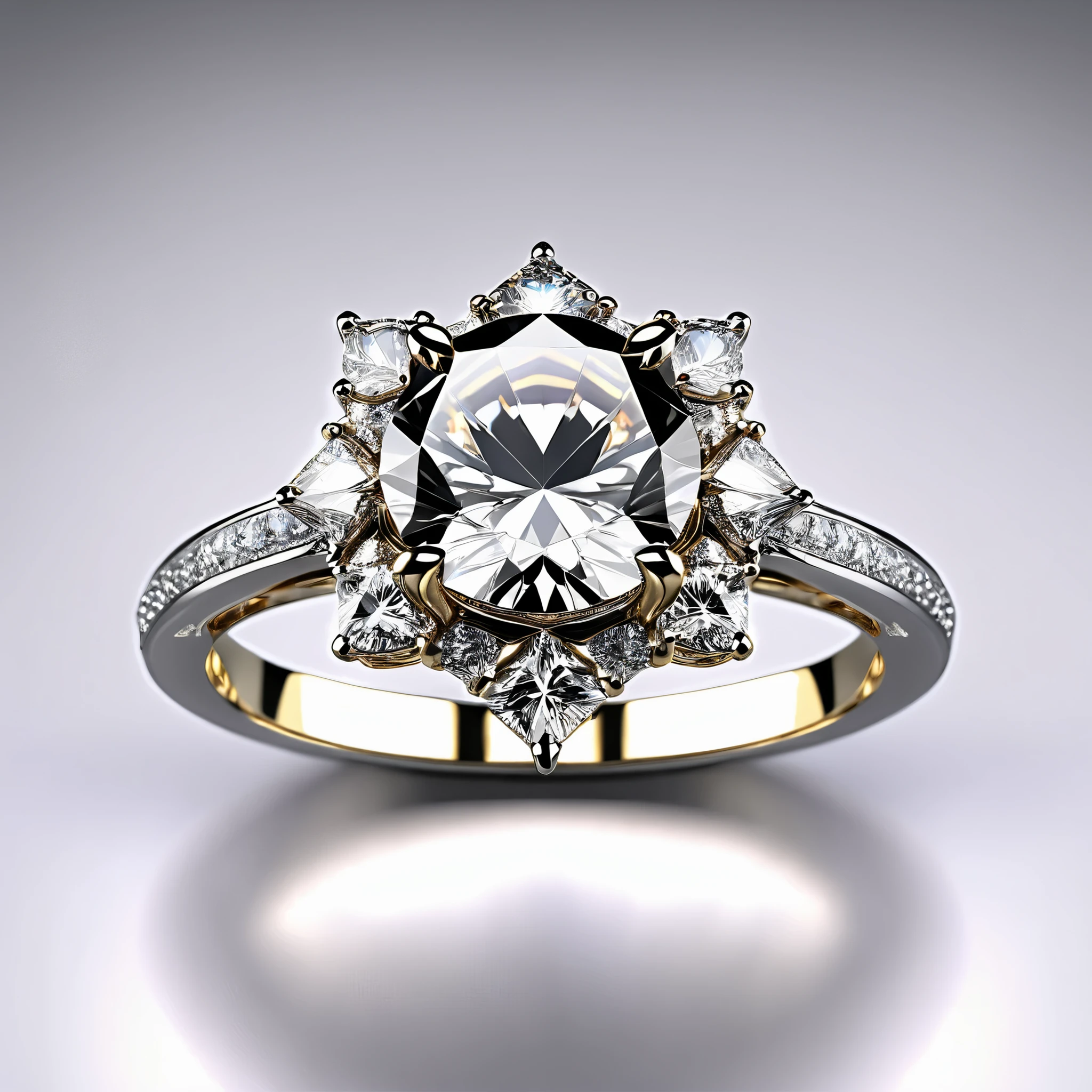 Engagement ring, ultra-realistic, photo-realistic, ultra-detailed, insane 3D Rendering, 8K Octane
Macro photography view of an engagement ring, with a 8 catat diamond 💎. One large diamond is shaped with extreme precision.The gold band has a swirl design that leads to the platform claw that grips the solitary diamond, which is the solitary star of the show. Luxurious, detailed, the kind of ring that lets people know that a man loves this woman. The ring is inside of a luxurious box with black felt inside. A light above the open box hits the diamond showing the insane shine and blinding reflective sparkle and twinkle that looks like burning stars inside of the inner space of the multifaceted diamond, that is truly a work of art.