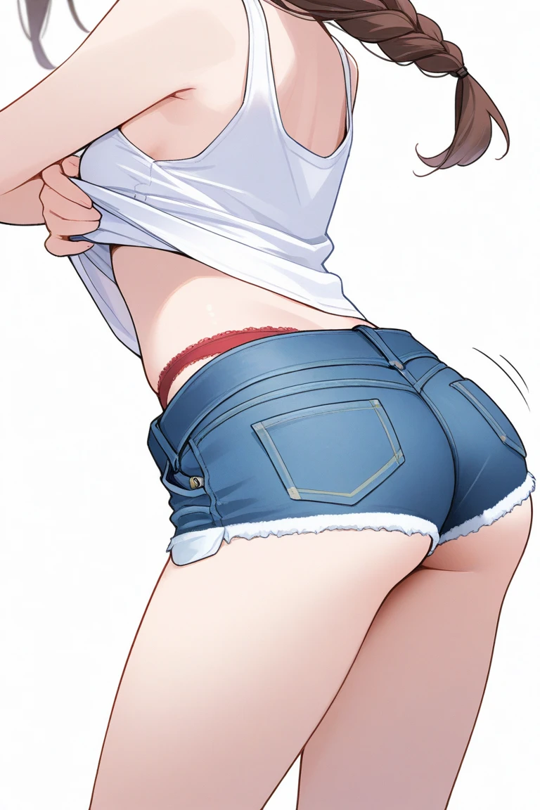 (Best quality, 8k, 32k, Masterpiece, UHD,:1.2),RAW, 1girl,ultra cute , natural lighting,transparent shining eyes, 20yo ,fair complexion, (ecstasy:0.8) ,(slut:0.8), (vulgarity:0.8), (fucked silly:0.8),(steam:0.8),(trembling:1.3)),((tank top, denim short pants, )) ,From Behind and Below, ass focus, kneeling, body-fitting, White background, bare foot