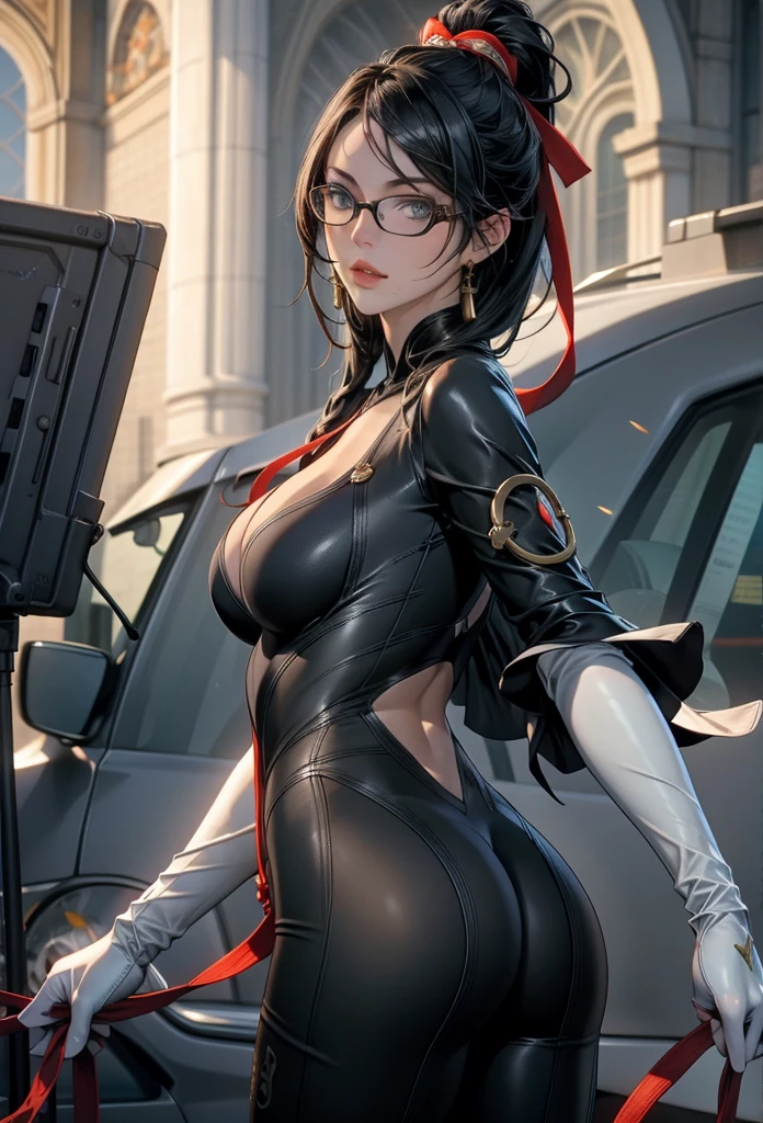 professional artwork, Intricate Details, field of view, sharp focus, detailed painting, photorealistic lighting, trending on pixiv, Standing at attention, black outfit ,yellow collared shirt,black and red bodysuit,skin_tight,black legwear, black pantyhose, Side_boob, black hair,very long hair, Bangs,yellow eyes,makeup, lipstick, 20yo,mature female,Beautiful Finger,Beautiful long legs,Beautiful body,Beautiful Nose,Beautiful character design, perfect eyes, perfect face, looking at viewer, NSFW,official art,extremely detailed CG unity 8k wallpaper, perfect lighting,Colorful, Bright_Front_face_Lighting, (masterpiece:1.0),(best_quality:1.0), ultra high res,4K,ultra-detailed, photography, 8K, HDR, highres, absurdres:1.2, Kodak portra 400, film grain, blurry background, bokeh:1.2, lens flare, (vibrant_color:1.2) (Beautiful,large_Breasts:1.4), (beautiful_face:1.5),(narrow_waist), (solo:1.4), ((landscape dimension))