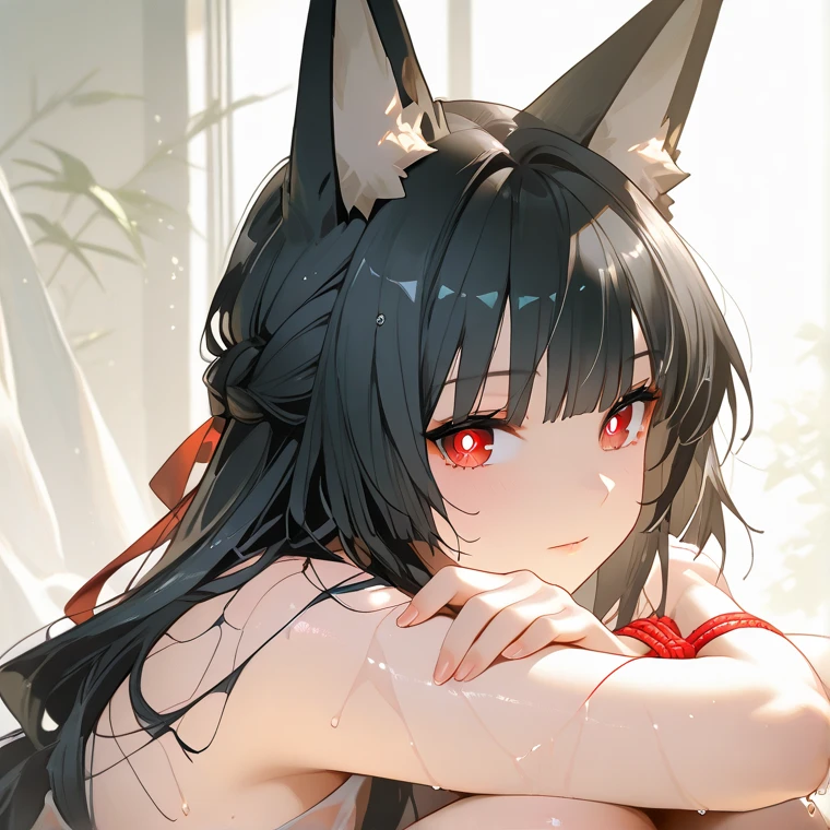 1girl animal_ears arms_up bed_sheet black_panties black_shorts bound bound_wrists breasts brown_hair cat_ears cat_girl cat_tail closed_mouth clothes_pull crop_top facial_mark groin long_sleeves lowleg lowleg_panties lying medium_breasts miqo'te multicolored_hair navel no_bra on_back panties red_eyes red_ribbon ribbed_shirt ribbon shirt shorts shorts_pull solo stomach streaked_hair string_panties tail turtleneck underboob underwear white_shirt