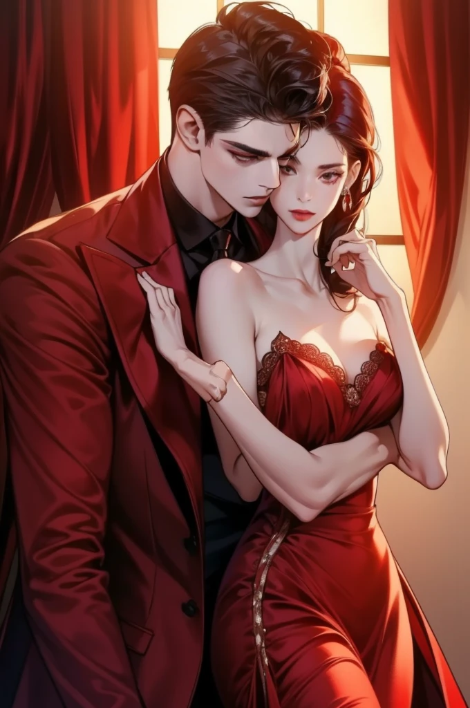 A heavenly dark couple, their love story unfolding under the silver glow of the moon. The slender, slim girl with the long, raven-black hair and captivating purple eyes adorned in a sophisticated satin red dress, glittering with golden details, leans in for a sensual, loving kiss. Her delicate lips are painted with a shimmering lip gloss, and her eyes sparkle with an intense passion.
Next to her stands the imposing, muscular man with a short, black beard that is meticulously outlined. His mesmerizing green eyes, also with dragon pupils, reflect the same passionate energy that radiates from his soul. He wears a sleek