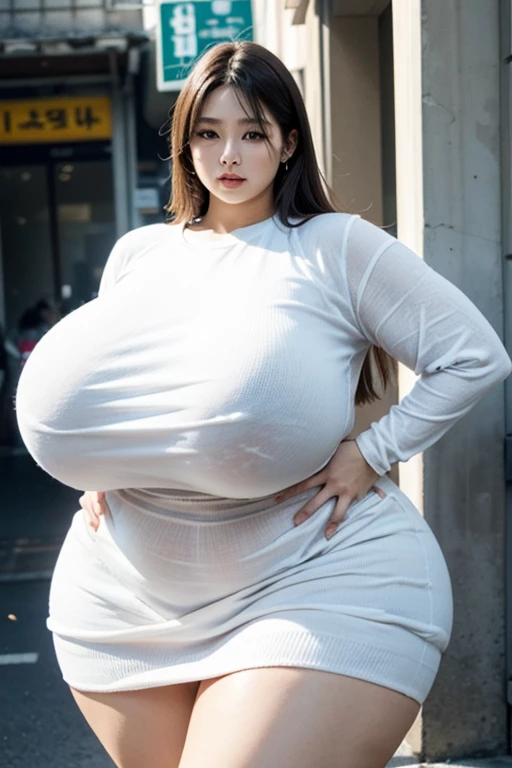Best quality, beautiful nose, angelic face, Open eyes, solo young girl, (giant breasts 1.9=, giant ass, very curvy, full lips, seductive, choker, sexy fishnet bodysuit, silver hoops, thick thighs, curvy physique, wide hips and round ass, gigantic breasts larger than her head, black hair, perfect facial features