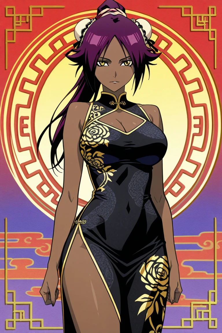1 woman, yoruichi shihouin, dark skinned, long dark purple hair, ponytail, ((detailed eyes:1.2)), sexy, sensual, masterpiece, top quality, best quality, official art, beautiful and aesthetic:1.2), extreme detailed, colorful, highest detailed
chinese bun black short hair,bun cover,china dress, long dress,tight mini skirt, gold decoration dress, sleeveless, ultra detailed dress,cleavage, cleavage cutout, clothing cutout,