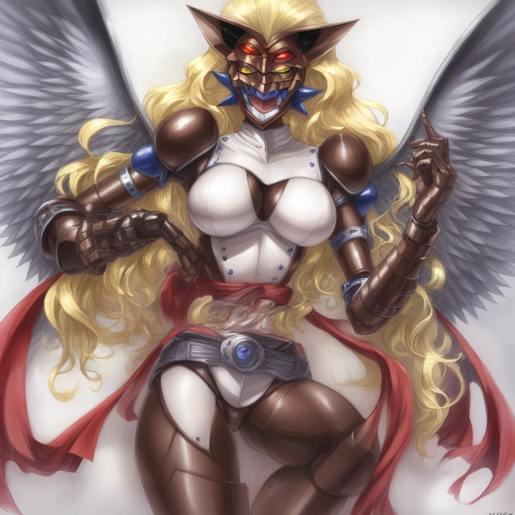 blond hair, darkskinned-female, musclegirl, crazy smile, babarian, revealing cloths, long hair, living hair, red eyes, full body feet, angel wings, leopard cloths, sharpteeth