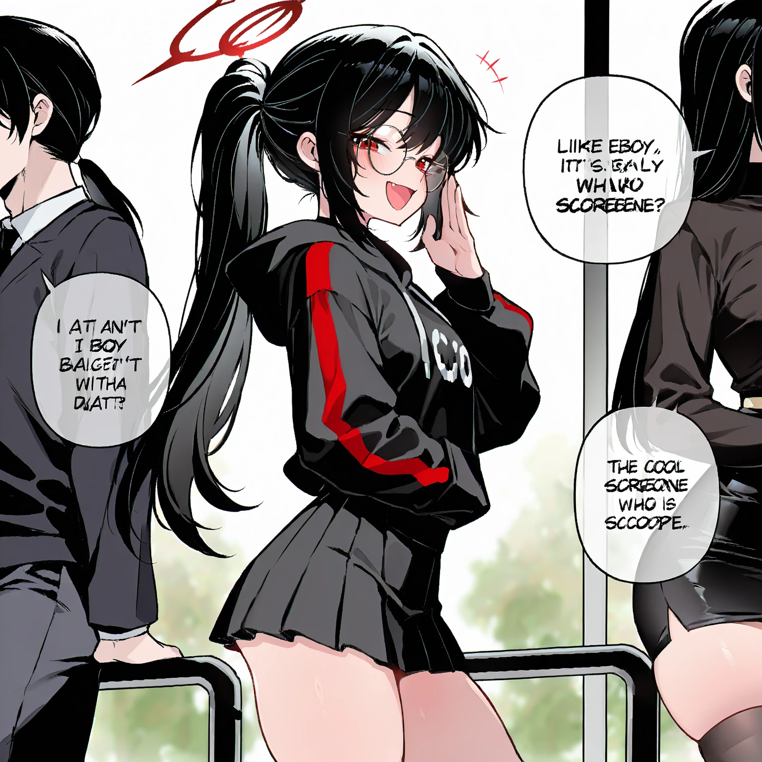 Short hair, pubic hair, beautiful breasts, embarrassed, shy, worried, black hair, short sleeves, arms, at the hospital, no panties, magenta polo shirt, no bra, black pants, glasses, navel (Crowd of Men Near) Highlight on black eyes