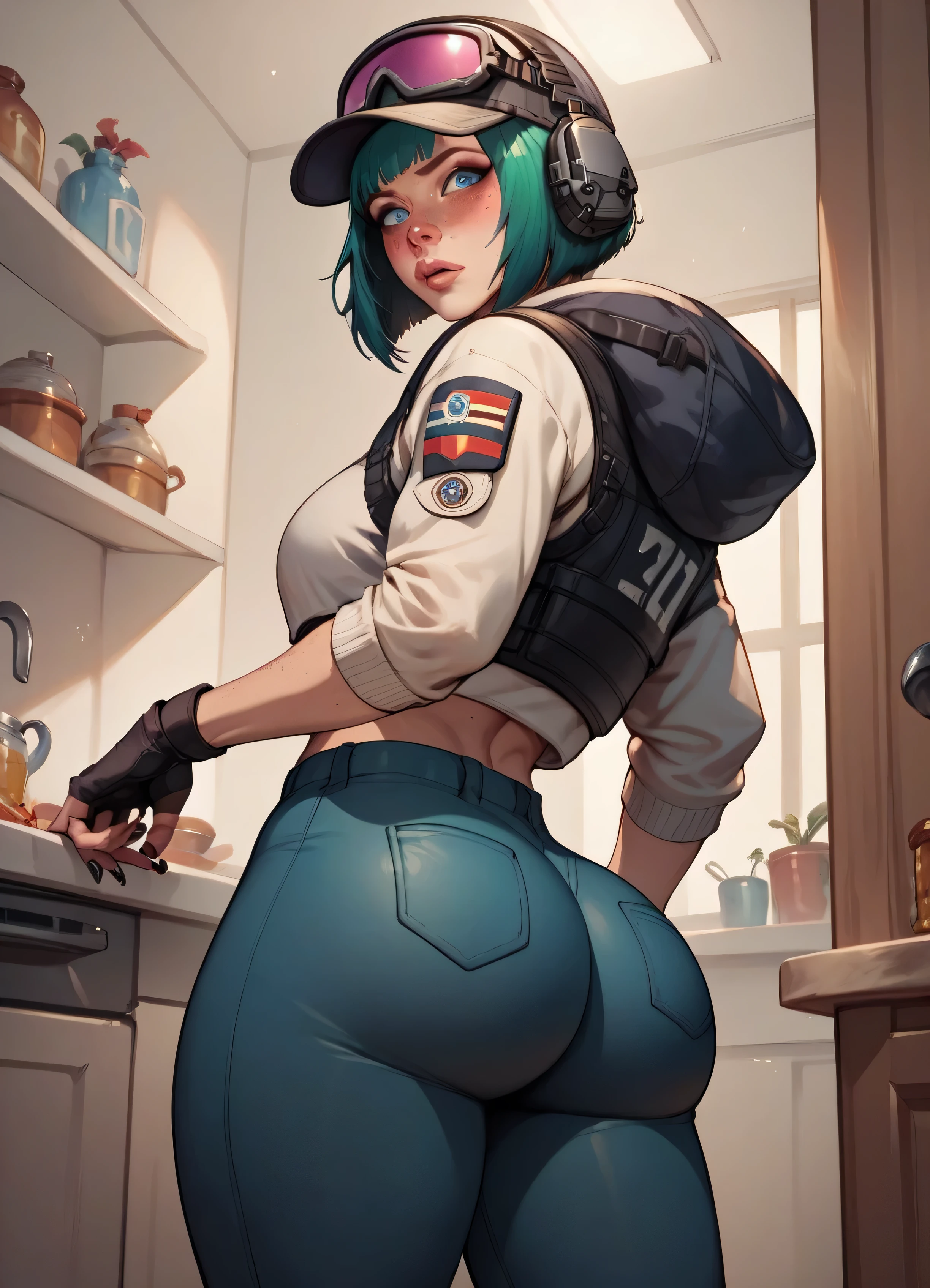 masterpiece, Best quality, on open air, lens flare, depth of field, 1 girl, One, I look at the viewer, iqr6, a mask, helmet, защитная a mask, vest, bulletproof vest, gloves, hoodie, long sleeves, murmur, sexy hips, sitting on the toilet, poops