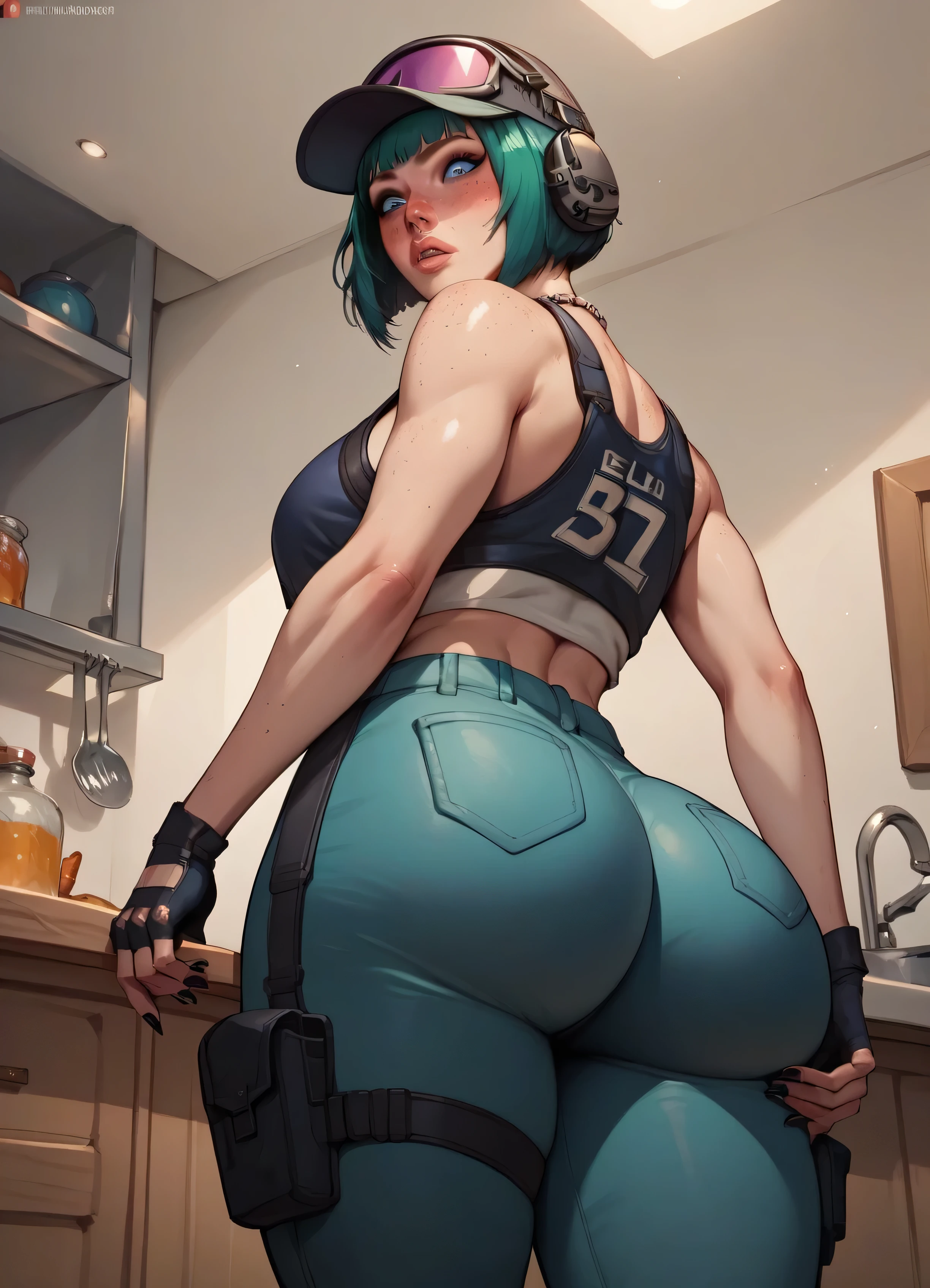 anime girl with a big ass in a golfen bikini, cutesexyrobutts, oppai cyberpunk, thicc, 2b, 2 b, oppai, anya from spy x family, biomechanical oppai, makoto, commission for high res, oc commission, tifa lockhart, oppai proportions, tifa, daisyduke shorts, fortnite cards background style ,multicolored hair blue with red vanes,