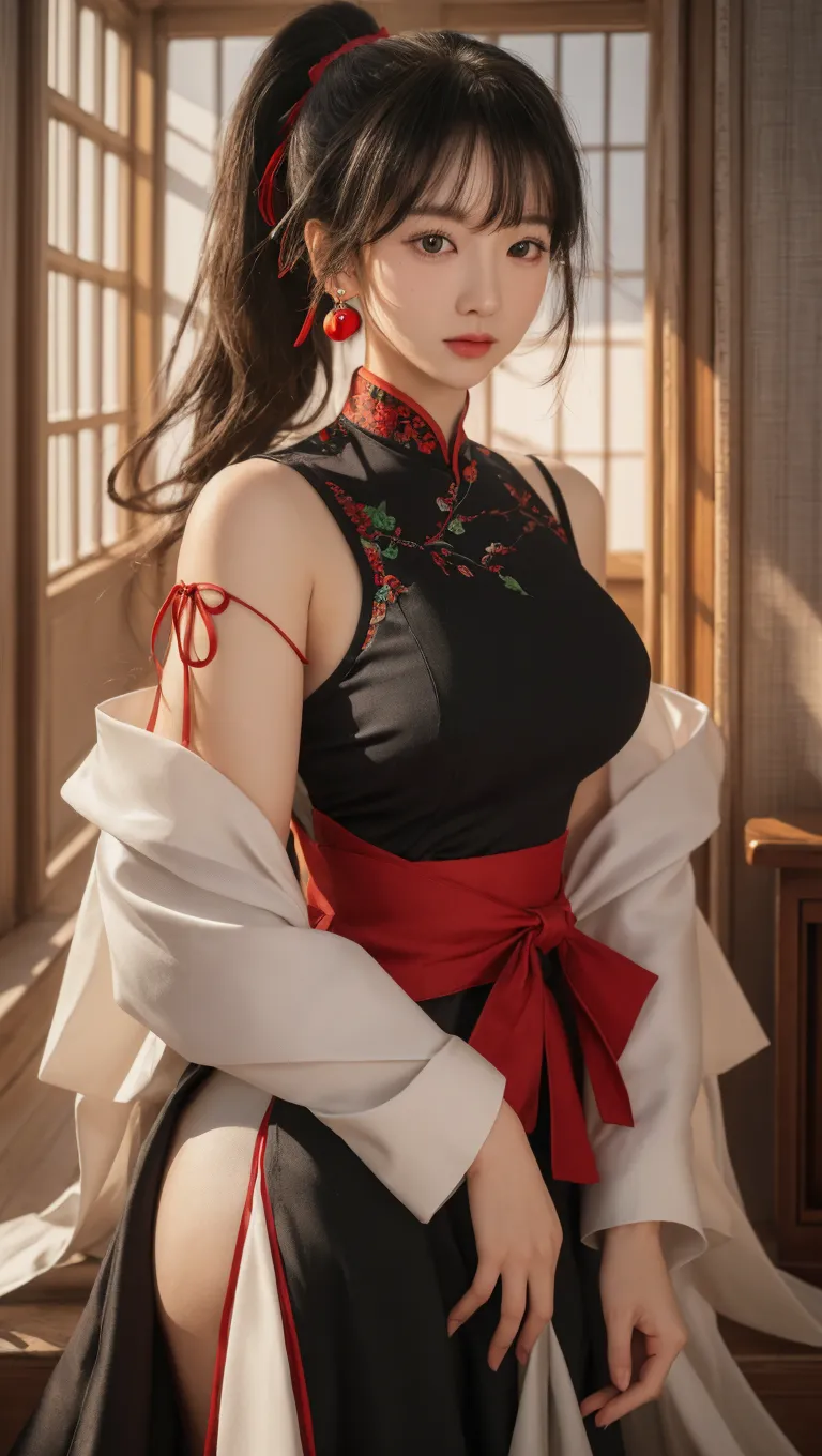 (8K, RAW photo, Photorealistic:1.25) ,( Gloss on lips, eyeslashes, gloss face, Glossy glossy skin, Best quality, 超高分辨率, Depth of field, color difference, Caustics, Broad lighting, naturalshadow, Kpop idol) Watch the audience tranquil goddess-like bliss,high school classroom,a sailor suit,Miniskirt high detail,8K resolution,超高分辨率,A young girl, A cute girl,short detailed hair,hair-bun,lipsticks,Tassel earrings,Black clear eyes,Smooth hair,鎖骨,Exquisite and perfect facial features, the most beautiful big eyes,Long eyelashes,The eyes are sweet and there are lying silkworms,dynamic angle,Extreme picture quality,Highest precision,Precise and perfect human anatomy,(((Antique black hanfu,Red embroidery))),((sitted)),Warm scene,超高分辨率,Ultra-clear vintage black flowing hair,Delicate bun)By bangs,(Long flowing hair,With a bun:1.3)),Delicate collarbones,beautiful make up,Exquisite and perfect facial features,,Big watery eyes,Lying silkworm,Long eyelashes,The eyes are sweet and have eye shadow,Slim waist,Do not show your hands,,lipsticks,Blushlush,Delicate earring earrings,Pearl necklace of the highest quality, tmasterpiece, beautiful face, 3girl, Long_Hair, 独奏, The upper part of the body_Body, Porcelain dress,shift dresses,hair adornments, choker necklace, jewely, short detailed hair, 耳Nipple Ring, Chinese clothes, Random color eyes,