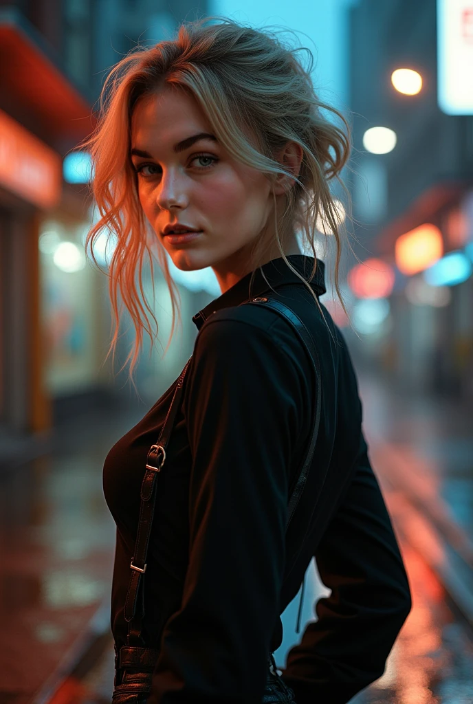 Young Korean Woman standing, ((on city street)), ((fully clothed)), ((overcoat)), ((v neck t shirt)),((barefoot)), black miniskirt, blonde short hair, slim build,jewelry, large earrings, late night, detailed background, dark, busy street, cinematic, neon light, masterpiece, best quality, RAW photo, up close, zoomed in, photorealistic, ((looking at viewer)), see through,dripping wet, beautiful realistic photo, hyperrealistic fantasy photo, close up, tight frame, 8k, ultra detailed, detailed skin, blue eyes, freckles, ((drenched)), ((soaked)), (dripping water), sagging clothes, wet street, wet all over, wet dripping hair, pov, (posing for photo) portrait, close-up, bottom angle, mist