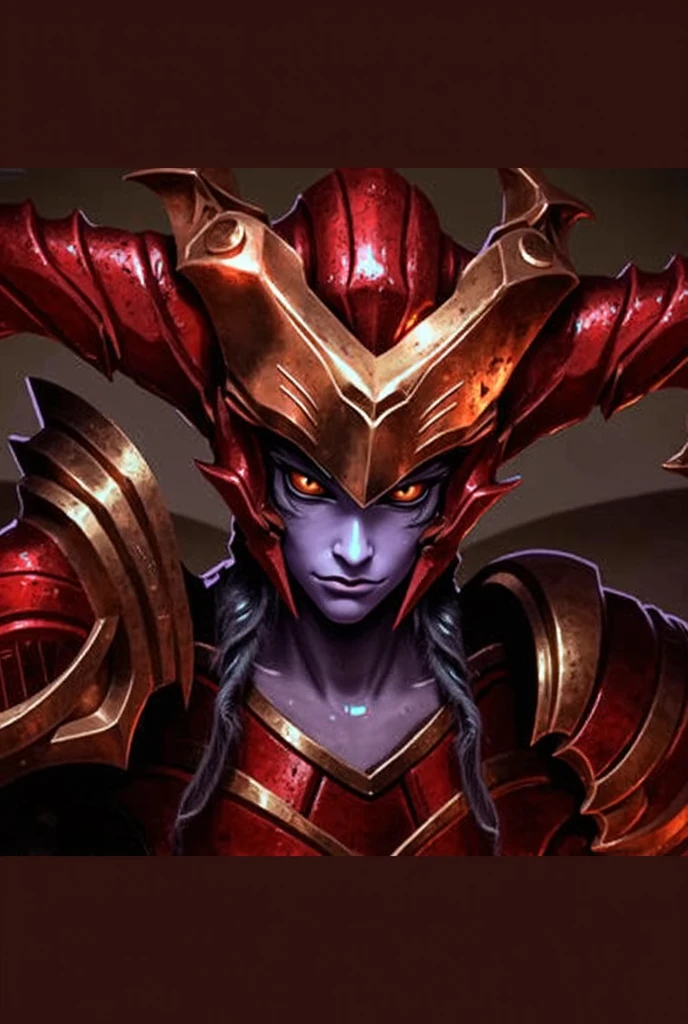 Ji'nara,1girl,solo,protoss girl,tal'darim,no mouth,no nose,no ears,elongated head,glowing eyes,alien girl,red eyes,armor,colored skin,pauldrons,braids,vambraces,black and red armor,helmet,pelvic curtain,breastplate,score_9, score_8_up, score_7_up, beautiful aesthetic, very intricate, high quality details,vibrant, highly detailed, award-winning, professional,anime artwork, anime style, studio anime, athletic, toned female,muscular milf,curvy body, athletic girl,fit girl, ,looking at viewer, pinup pose,teasing, dynamic lighting, cinematic, smug, better than you, aura of temptation, highly detailed, high resolution, masterpiece, detailed clother, detailed background, highly detailed, ((sound effects)) comic layout,