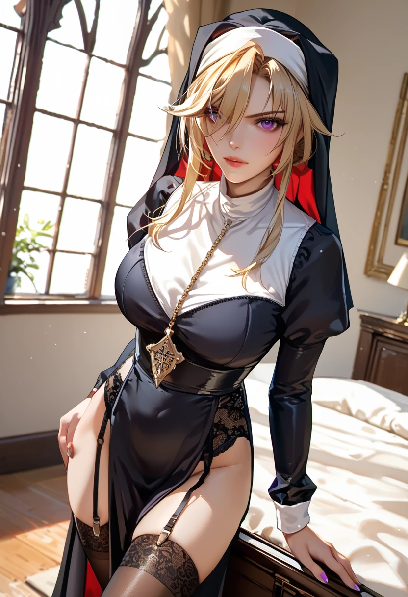 work of art, best qualityer, work of art,best qualityer,offcial art,Extremely detailed CG 8k unity wallpaper, Realistic, Real, absurderes, milf, nun, long hair, Breasts huge, wart on chest, separate breasts, just_flegs, side – bikini bottom with ties, ribbons-garter, white ribbons-garter, hand on someone else's hip, spread flegs, squatting down, bent_about, thigh vibrator, cos_writing, Describe a scene where a female vampire from the Tremere clan, with aristocratic features and mesmerizing eyes, is to seduce someone in a dark and mysterious environment. She is dressed in elegant clothes and displays an aura of power and mystery.... Your gaze is penetrating and seductive, as she uses her manipulation skills to lure the victim closer, involving her in a dangerous game of desire and fascination. The atmosphere around you is charged with tension and excitement., with shadows dancing around, further enhancing the atmosphere of seduction and mystery, wearing red lingerie, nsfw, high heel boots