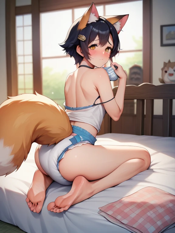 masutepiece, Best Quality, Highly detailed, 1girl with, Solo, Orange hair, fluffy hair, blush, Brown eyes, flower, Fox ears, 狐のgirl with,girl with　invite　a smile　Pubic hair shows through　hairstyle on、short、、small tits、Sareme、、unwear、Lie down and spread your legs、undergarment、hi-school girl、be sweaty、Inter-strands、Love juice　White panties、White bra、Waist