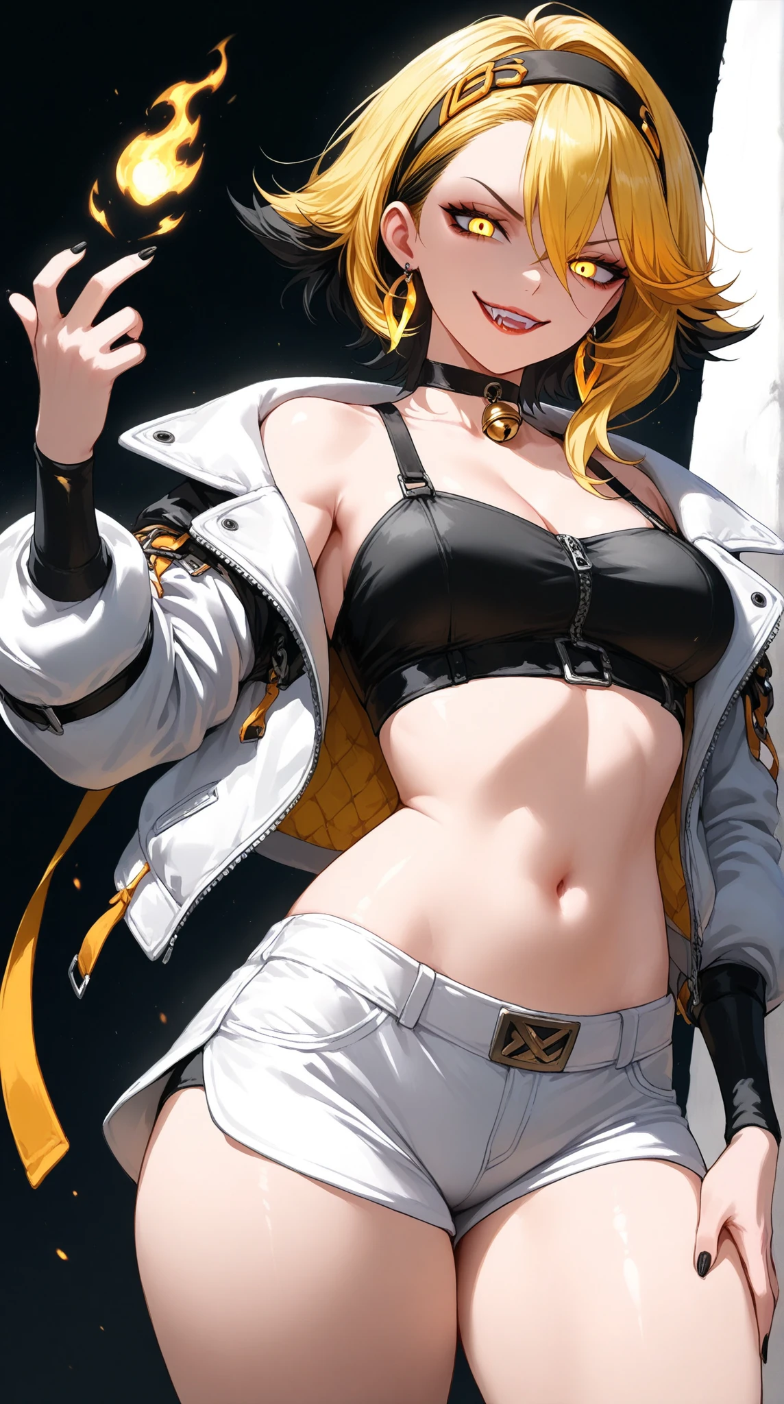 Big breasts ((1cute sexy girl)) solo, looking at viewer, smile, ((blonde cyberpunk hair)), twin braids ((yellow eyes, light effect on eyes)), extremely sexy body, jewelry, (( stylish jacket, cropped jacket, earrings, midriff, sexy shorts braided on the sides, gloves)), ((short top with open zip, with super sexy cleavage underneath)), sleeveless, earrings, ((wearing sunglasses)) , jewelry, white shirt, starry night, ass, ((urban city scenery)) ultra full HD, ultra detailed, cinema lighting, ultra realistic)) beauty is that of a goddess of love, ((tilt of the body forward highlighting her cleavage))