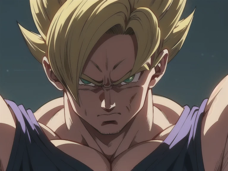 style photo, ( masterpiece, raw:1.4 ) by portrait half body a young Son Goku 15-years-old in the planet Namek ), focus centered , (ligtings magic in ambient :1.2) , (Goku eyes :1)Highest quality, (very detailed background:1.5),(photorealistic, raw, extremely intricate:1.2) ,giving the scene a dark atmosphere but sculpting the forms in sharp chiaroscuro, it is morning time, (highly detailed skin), skin texture, (detailed face),closed mouth, green eyes, upper body, male focus, pants, grey background, torn clothes, muscular, frown, abs, pectorals, muscular male, spiked hair, topless male, serious, super saiyan, super saiyan 1 (very detailed eyes:1) (very detailed face:1) (very detailed iris and pupils :1.2) round pupils , sunny day, detailed background, sharp focus, twilight lighting, volumetric lighting, highly detailed, intricate details, 8k, highly detailed, UHD, HDR, cinematic action scene , amazing perspective, looking front , perfect framing, profesional photo, young face, hiperrealistic anatomy, musculate, ultrarealist skin , bright lights, <lora:Neon_Barbarian:0.50><lora:add_detail:0.3> <lora:GoodHands-beta2:1> <lora:Ghibli_v4:1> <lora:GSayan-10:1>