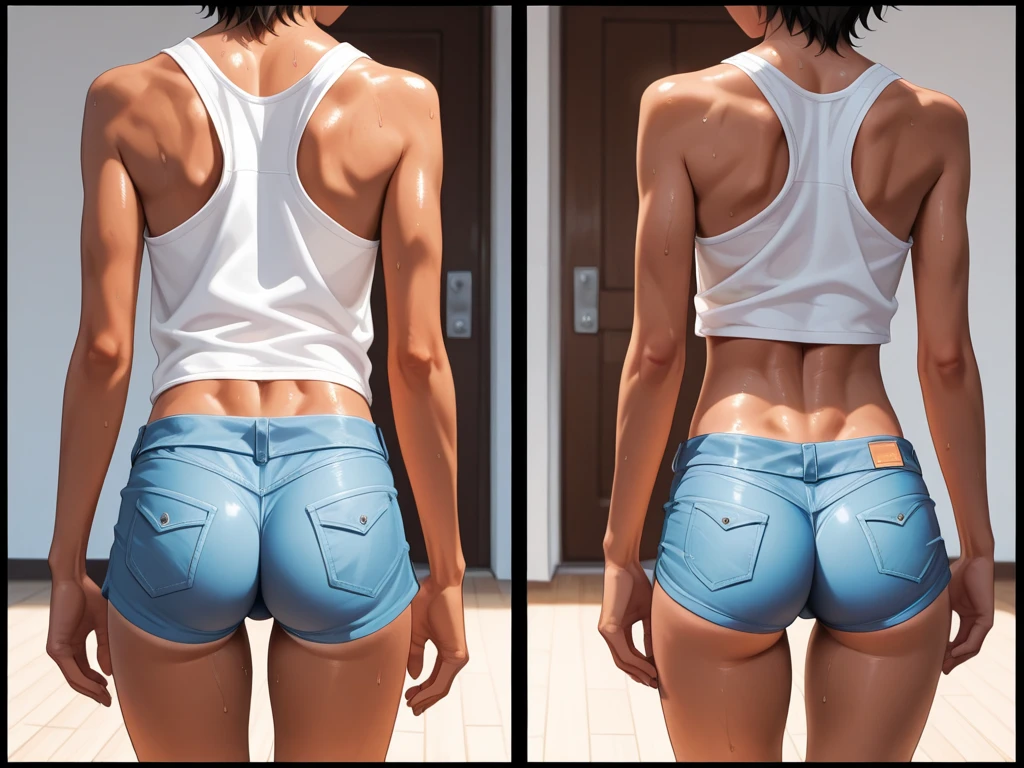 Female, black short hair, earrings, fighter, designer t-shirt, jeans, thong showing, short socks socks, Nike shoes, necklace, breasts, butt