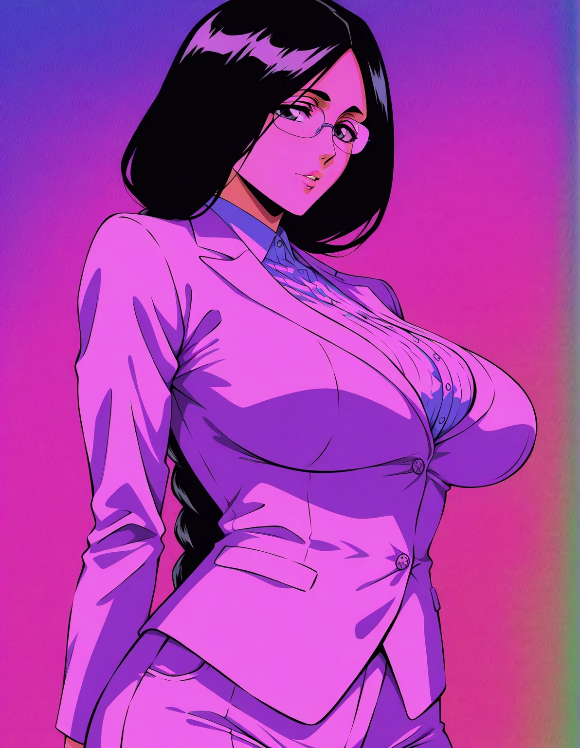 (best quality:1.5, highres, UHD, 4K, detailed lighting, shaders), black floral haired, gradient hair, large breasts, suit, gray shirt, social shirt, short skirt, mature woman with glasses, (pov), white background, colorful eyeshadow, dramatic lighting, sparkling eyes, sensual expression, golden earrings, flowing hair, delicate facial features, dark skin, high cheekbones, urban setting, white background, dont look for the camera, lean forward, ( pose : behind the camera)