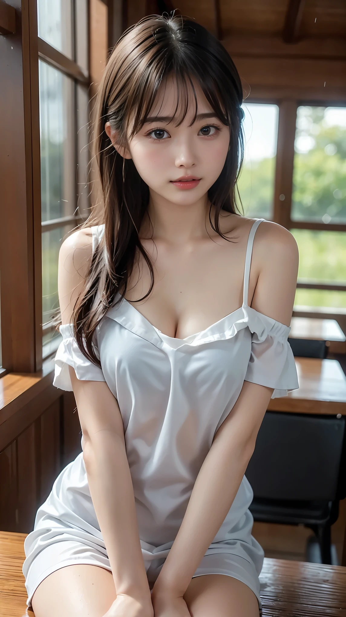 ulzzang -6500-v1.1, Innocent 14 year old girl、((Wearing ultra-thin cotton pajamas))、Wear small panties、Sitting in the room、cute droopy eyes beautiful big eyes、A smile、Raw photo, (8K、top-quality、masterpiece:1.2)、(intricate detailes:1.4)、(Photorealsitic:1.4)、octane renderings、Complex 3D rendering ultra detail, Studio Soft Light, Rim Lights, vibrant detail, super detailing, realistic skin textures, Detail Face, Beautiful detail eyes, Very detailed CG Unity 16k wallpaper, make - up, (detailedbackground:1.2), shinny skin、turned around、Exposed thighs!!!、