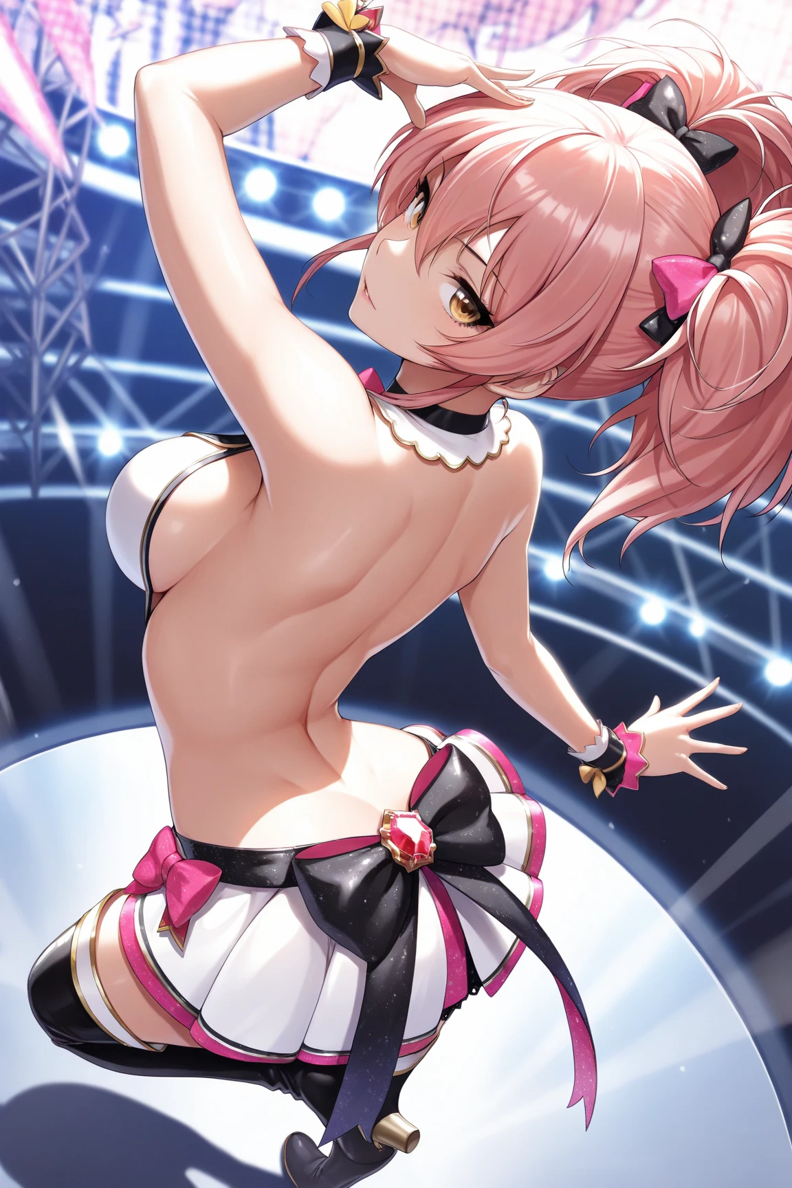 ((masterpiece、Highest quality、Official Art))、snap shot、Idol Concert、Concert Stage、(3人のcute naked girls、、smile、sing、dance、Ribbon headband、Ultra mini skirt:1.2、Idol Costumes:1.3 )、Exposing the breasts、Hair of different colorr.々Hair style、(((Full nudity、Pussy、cute)))、(Sweat a lot、Glowing Skin)、Anime key visual, ((The characters are unique))