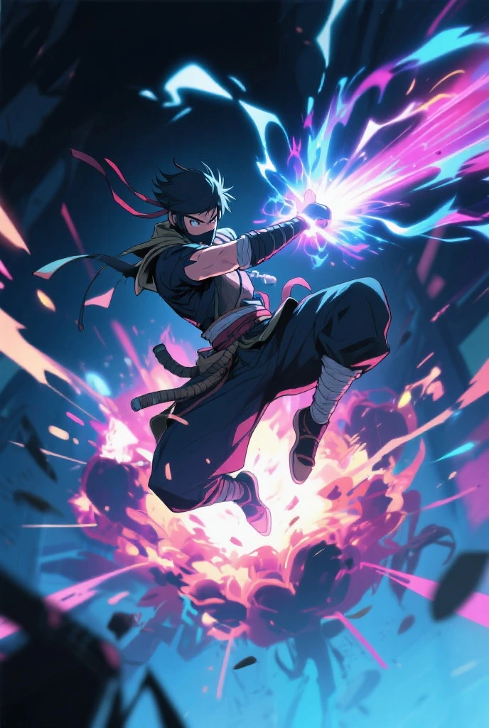 1kid boy, muscle, Full body version, 1character, purple eyes, short haircut, angry eyes, black color hair, topless, boots, Grassroots, full background in field town, motion blur, lighting, (one piece art), battle gesture, bandage, smoke effect, fire burning in hand, 