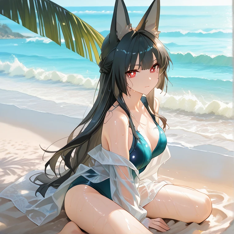 A woman in a bikini and cat ears is standing on the beach, Marisa Kirisame, anime sedutora, kantai collection style, Estilo de pista Azur, anime melhor garota, Do videogame Azur Lane, mulher bonita sedutora do anime, roupa de banho, menina loira com cabelo longo, deusa anime, menina animea, em uma praia ensolarada, menina anime atrae