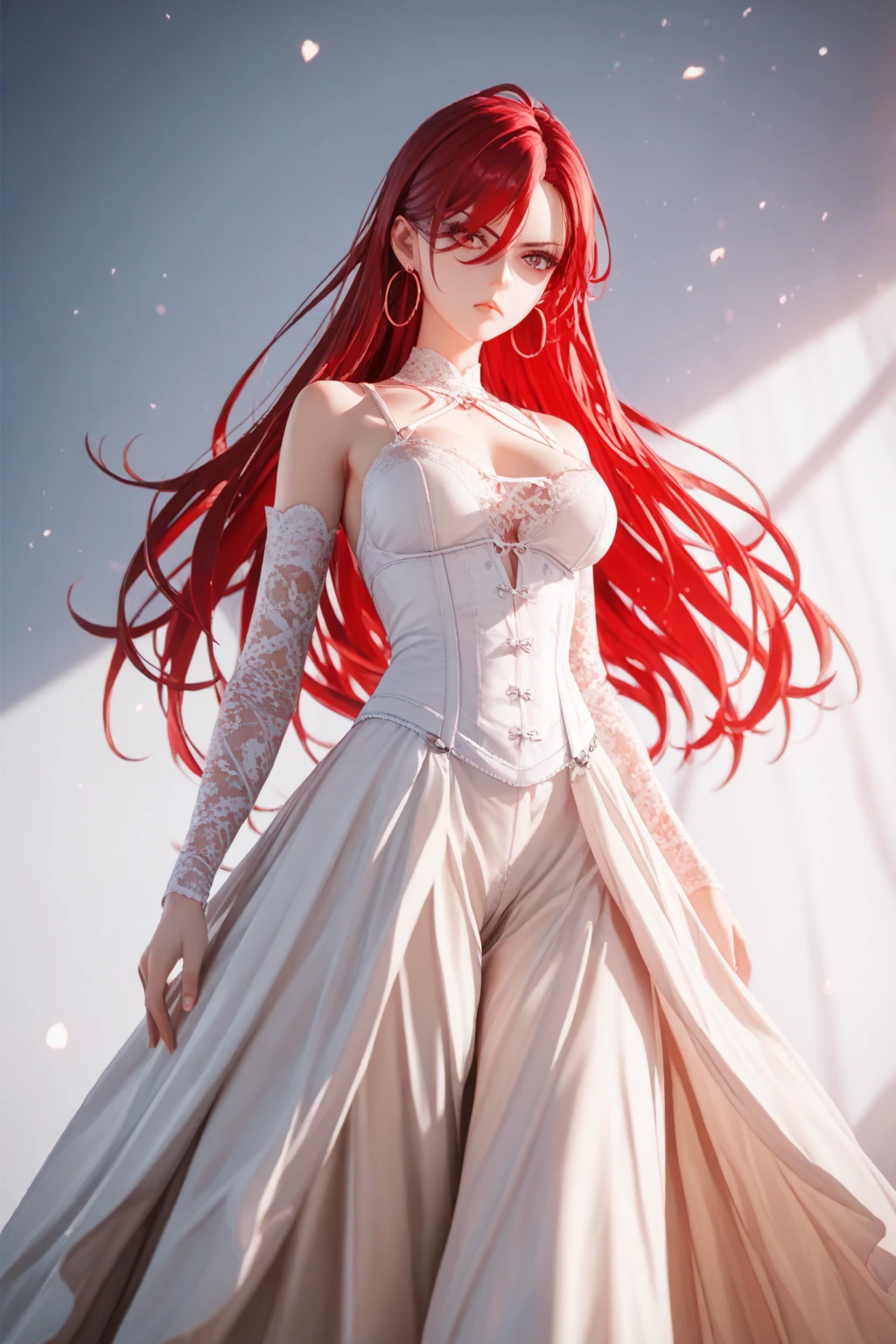 envision a 8k, highres, cinematic, beautiful close up portrait of a girl named Elizabeth Rose Bloodflame with long red hair, ahoge, hair ornament, earrings, sleeveless dress, white dress, asymmetrical dress, see-through cleavage, white belt, white jacket, off-shoulder, blue fire, black gloves, single glove, white thighhighs, single thighhigh, against a dark background