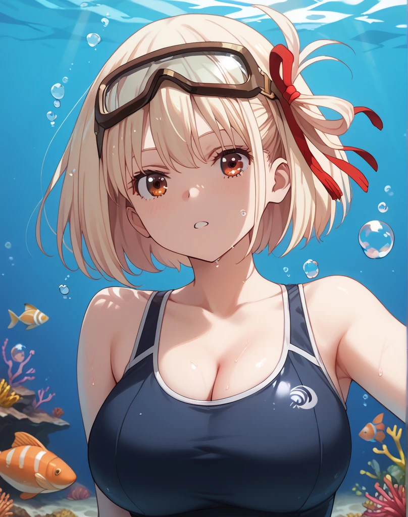 1girl, school swimsuit,
(thick eyebrows), tareme, big tits,
blonde hair, short twin tails, happy, tegaki,
in shallow pool