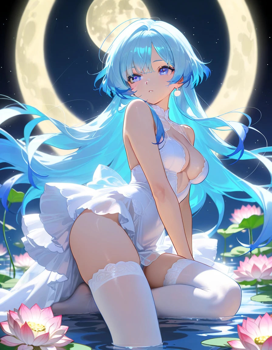 (masterpiece, best quality), 1 elven girl, ( bear breasts, thigh), (light blue hair, twin tails ,very long hair is fluttering in the wind), hair between eyes, multi colored hair,hair flower ornament ,(blush, smile, aqua eyes), (masterpiece, best quality), 1elven girl, solo, very long hair, twin tails hair,bangs, hair ornament, bare body , closed mouth, standing, closed eyes, flower, aqua hair, large breast ,nipples,sky, hair flower, hair bun, blurry, from side, hands up, profile, night, floating hair, depth of field, pink rose, moon, crescent, aqua flower, butterfly, star (sky), night sky, starry sky, red rose, blurry foreground, planet