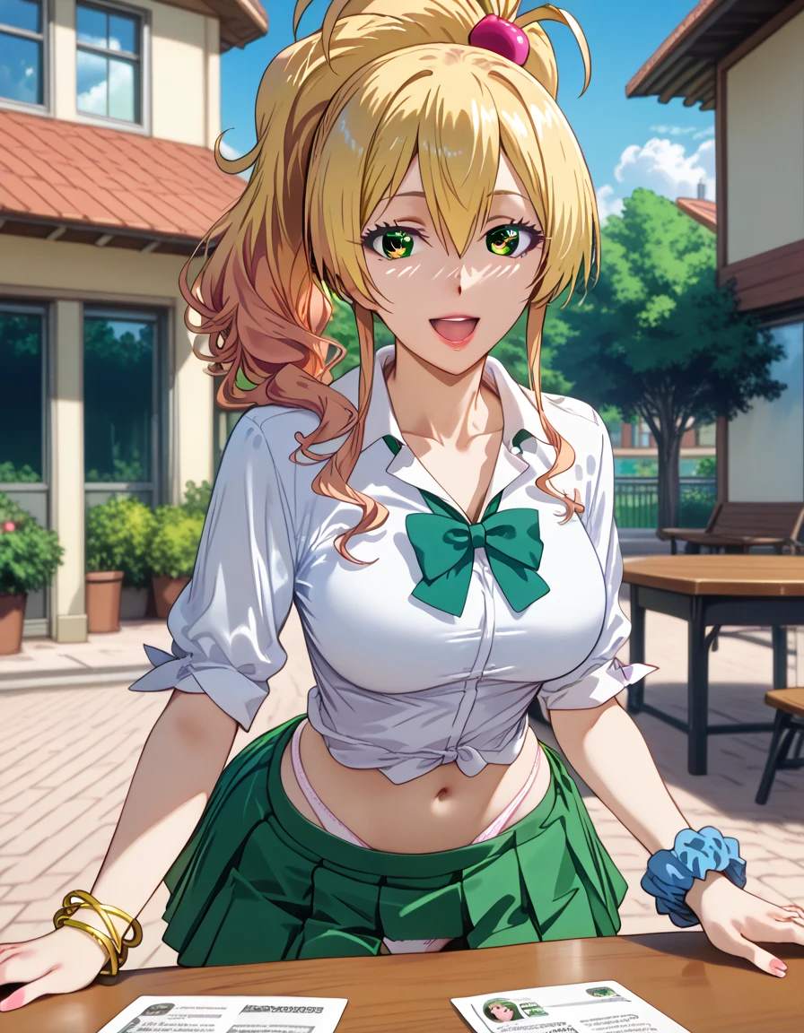 A Brazilian anime woman in Korea with fair skin, green eyes, a thin nose, long straight hair with gentle waves, blonde with light streaks, a soft smile, delicate and happy.