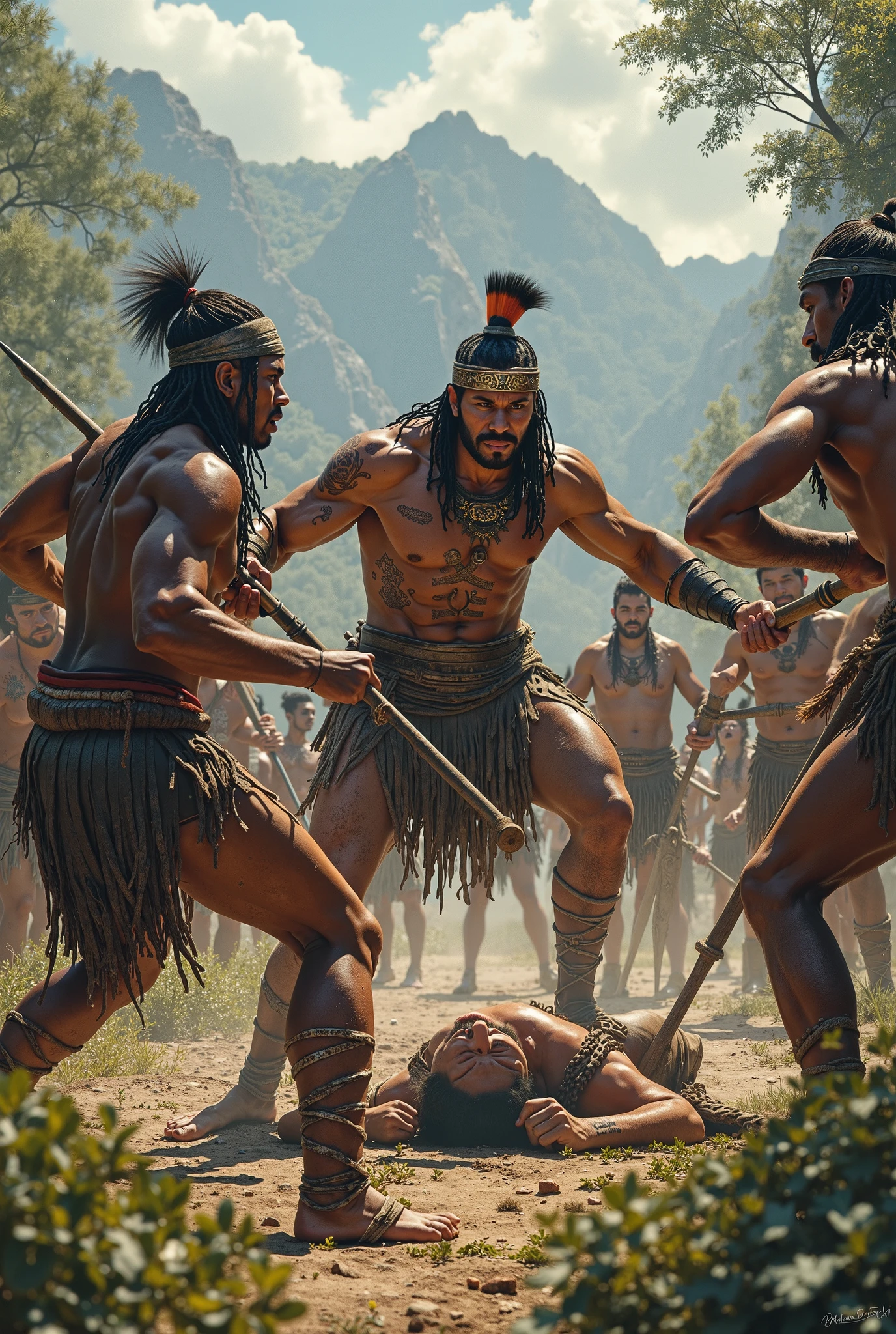 Darker and somber image of the conquest, with indigenous figures being subjected, with darker tones and elements of destruction