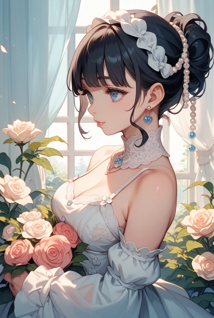 masterpiece, best quality, illustration, saxophone blue, platinum earrings, platinum necklace, white dress, 1 girl, Lovely, (Dynamic lighting:1.2), light, Exquisite facial features, delicate eyes, sharp pupils, realistic student, depth of field, Bokeh, sharp focus, (Super detailed, bloom, glow:1.4), many little gems