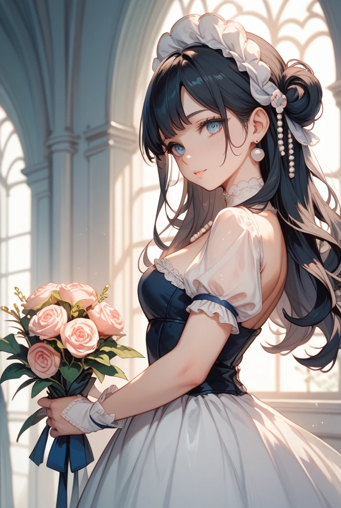 (from above:1.2),(from side:0.9), ((Face)), (Close-Up:0.4), ((looking at viewer, holding a bouquet to his mouth)), highest quality、(real、photorealistic:1.4)、(RAW photo:1.2)、very detailed CG unity 8k wallpaper, delicate and beautiful, wonderful, Fine detail, official art, huge file size, Ultra-detailed, very detailed girl, very detailed eyes and face, Bright on the face、(20 age girl:1.0)、small smile, smiling, (twintail hair:1.25), hair between eyes, hair twintails, (long hair:1.25), tiara,ruany,off-shoulder dress,pearl ,(gemstone),tiara,veil,wedding dress, wedding necklace, wedding long gloves, (luxurious bouquet), chapel, Stained glass,(best quality, highres, masterpiece:1.2), ultra-detailed, (realistic:1.37) illustration, erotic style, soft lighting, sweat glistening on her body, gentle warmth, mysterious, small breast,narrow waist,(with sparkling eyes and a contagious smile),her thin pubic hair, looking at viewer, 