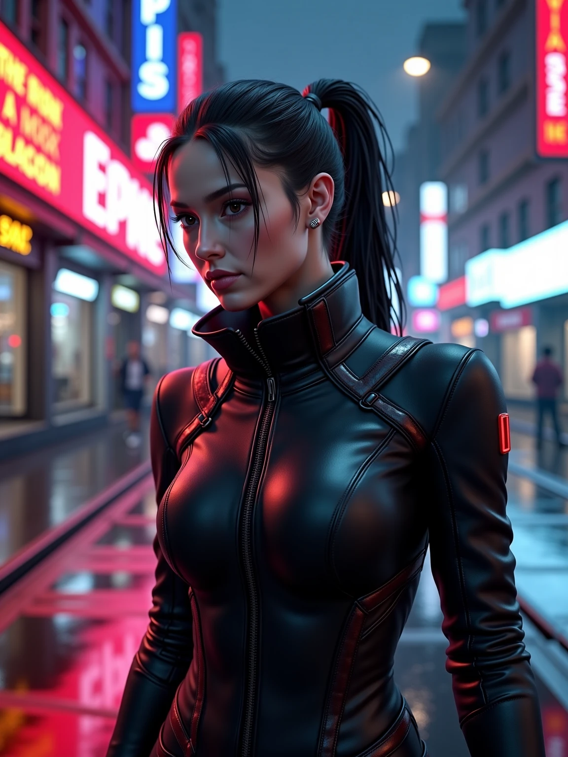 "Generate a top-quality, 8K masterpiece:1.3. A photo of an impassioned, determined athlete sprinting, clad in sleek, futuristic sportswear, on a futuristic cityscape background taken with an ultra-wide 14mm camera lens. The scene showcases highly detailed textures, dynamic skin tones, and utilizes futuristic neon lighting for a cyberpunk ambiance."