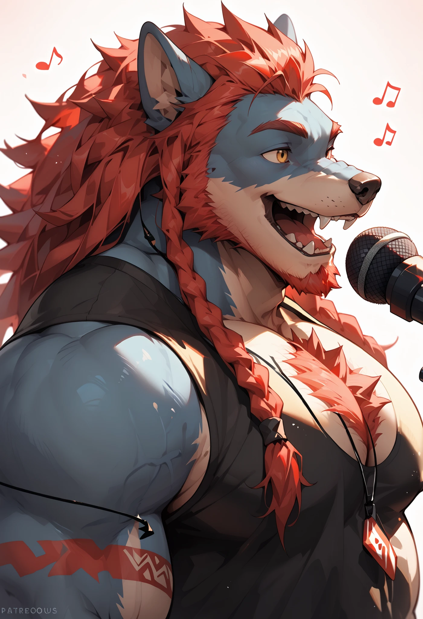 From side, sideview, (solo), anthro wolf, blue body, (dark blue body, dark blue fur), muscular body, furry body, character is wearing a t-shirt and has his arms forward to singing, character behind a standing microphone,tanned chest, chest hair, thin beard, red hair, red facial hair, perfect eyes, muscular body, twin braids, dreads, dreadlocks, yellow eyes, sideburns, manly, hud_dr3adlocks, red tattoos, singing, mouth open, high Resolution, absurd res, microphone, gold hair accessories, happy expression,