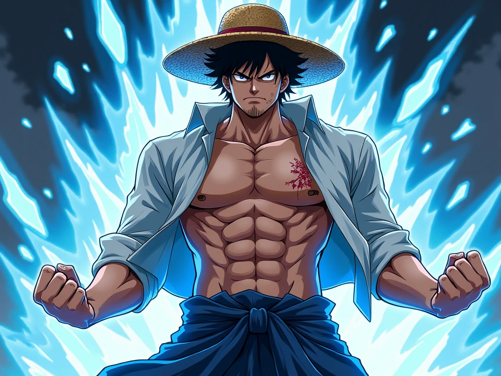 Luffy with Straw Hat, Demon Killer, Super Cool Demon Killer, Red Lightning, Play Lightning, Super Detail, IP by pop mart, Edge Light, Avatar, Octane Rendering, Blender, Full Body, Clean Black Background, 3D, C4D, Best Quality, Very Detailed, 8K