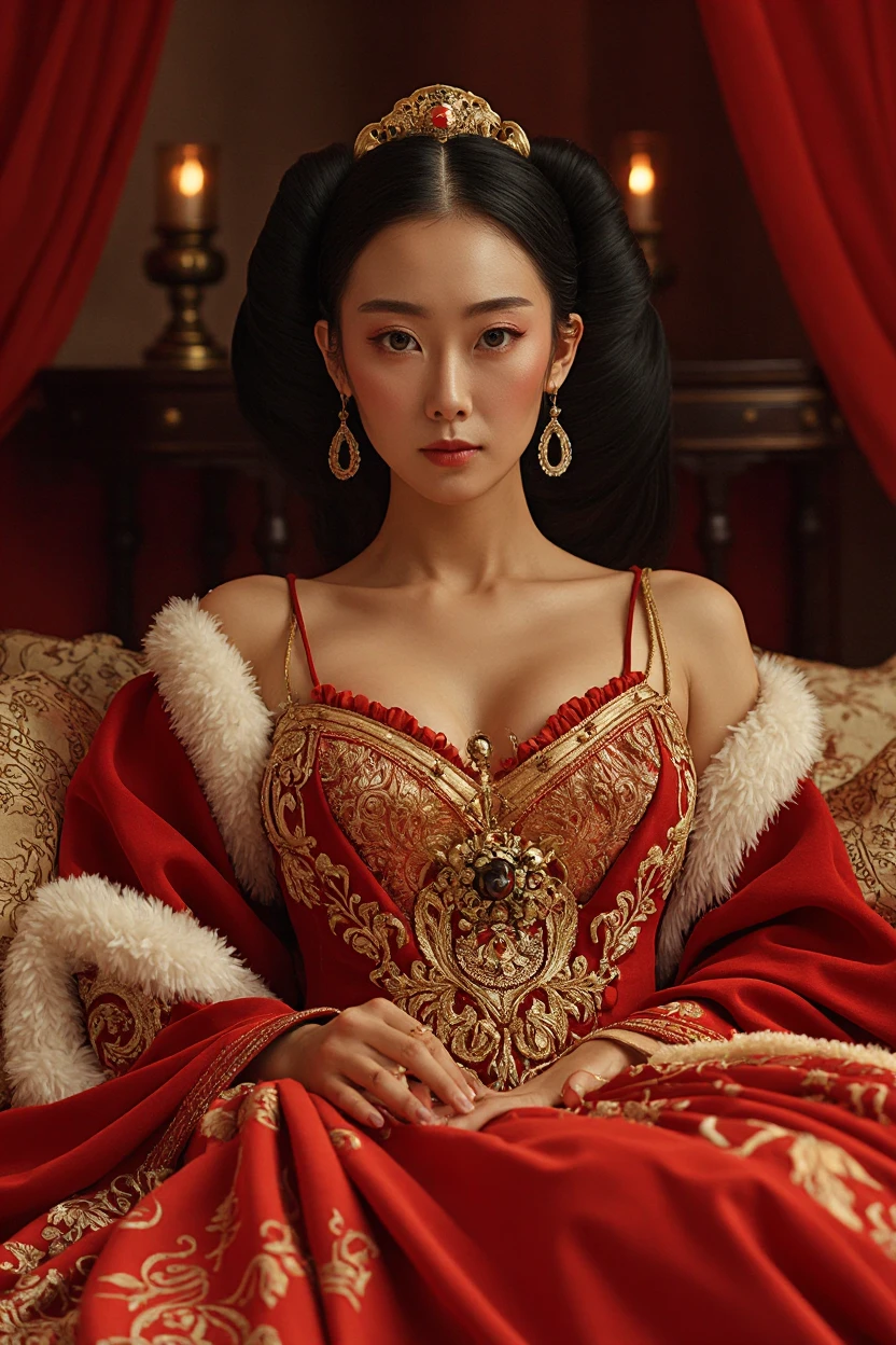 A lavish Empress from the Qing Dynasty era in China, seated on a large golden sofa, completely naked, with her large breasts and massive buttocks protruding as she faces away, her face visible.（Porn Pose） A gorgeous Chinese imperial empress with her hair tied on both sides and wearing a crown、Background of kinky and erotic woman tying her hair、The story is set in the luxurious rooms of an empress in the Chinese imperial court during the Qing dynasty.。