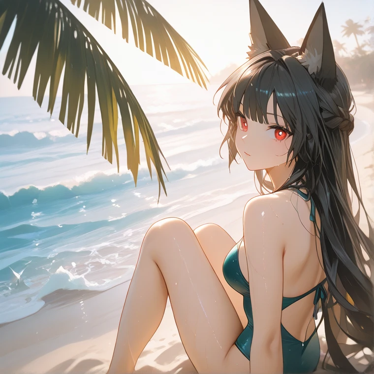 cat girl have tail dance in beach